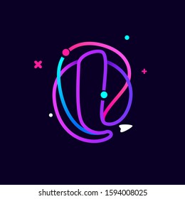 Lowercase l letter logo with planets, rocket and orbits lines. Vibrant lines vector template for science, biology, physics, chemistry design.