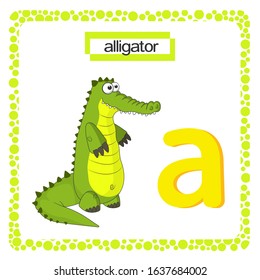 Lowercase Letter a. Alphabet letter a with funny alligator isolated on white background. Cute vector Zoo alphabet in cartoon style. Education card for kids learning English vocabulary.