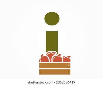 lowercase letter i with apple crate. fruit and organic food alphabet logotype. harvest and gardening design. isolated vector image