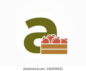 lowercase letter a with apple crate. fruit alphabet logo. harvest and gardening design. isolated vector image