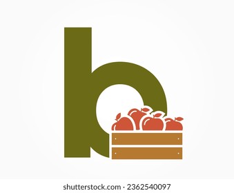letra b minúscula con caja de manzanas. logotipo del alfabeto de fruta creativa. diseño de cosecha y jardinería. imagen vectorial aislada