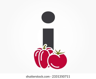 lowercase letter i with bell pepper and tomato. vegetable and organic food alphabet logotype. harvest and agriculture design. isolated vector image