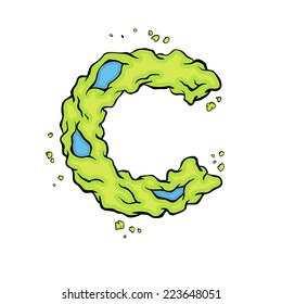 The lowercase letter C. Bright green element stylish alphabet style zombies. Halloween ABC grimy element in the vector. Hand drawn letter C isolated on white background. 