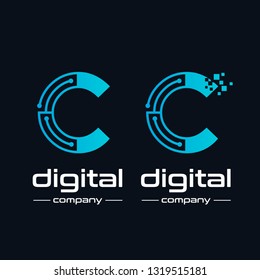 Lowercase Letter C Digital technology vector logo template with pixel symbol. This logo is suitable for industrial, automotive, circuit, modern, electric business.