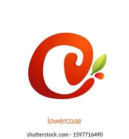 Lowercase letter c logo in fresh juice splash with green leaf. Vector elements can be used for natural company, ecology presentation, organic card or vegan cafe posters.