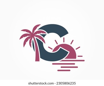 lowercase letter c with sun, sea and palm tree. vacation alphabet logo symbol. summer and exotic tourism design. isolated vector image