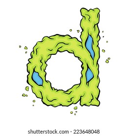 The  lowercase letter D. Bright green element stylish alphabet style zombies. Halloween ABC grimy element in the vector. Hand drawn letter D isolated on white background. 