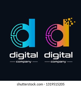 Lowercase Letter D Digital technology vector logo template with pixel symbol. This logo is suitable for industrial, automotive, circuit, modern, electric business.