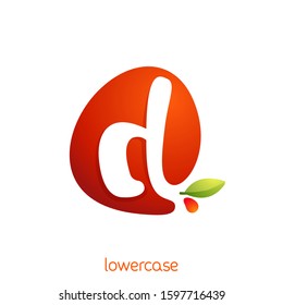 Lowercase letter d logo in fresh juice splash with green leaf. Vector elements can be used for natural company, ecology presentation, organic card or vegan cafe posters.