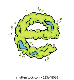 The lowercase  letter E. Bright green element stylish alphabet style zombies. Halloween ABC grimy element in the vector. Hand drawn letter E isolated on white background. 