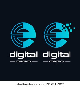 Lowercase Letter e Digital technology vector logo template with pixel symbol. This logo is suitable for industrial, automotive, circuit, modern, electric business.