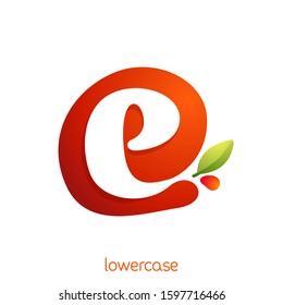 Lowercase letter e logo in fresh juice splash with green leaf. Vector elements can be used for natural company, ecology presentation, organic card or vegan cafe posters.