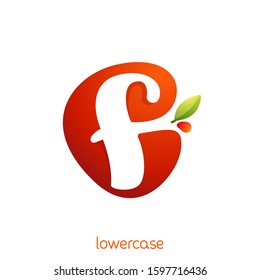 Lowercase letter f logo in fresh juice splash with green leaf. Vector elements can be used for natural company, ecology presentation, organic card or vegan cafe posters.