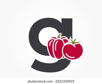 lowercase letter g with bell pepper and tomato. creative vegetable and organic food alphabet logo. harvest and agriculture design. isolated vector image