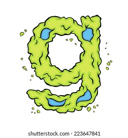 The lowercase letter G. Bright green element stylish alphabet style zombies. Halloween ABC grimy element in the vector. Hand drawn letter G isolated on white background. 