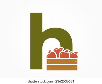 lowercase letter h with apple crate. fruit and organic food alphabet logo symbol. harvest and gardening design. isolated vector image