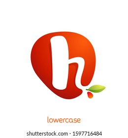 Lowercase letter h logo in fresh juice splash with green leaf. Vector elements can be used for natural company, ecology presentation, organic card or vegan cafe posters.