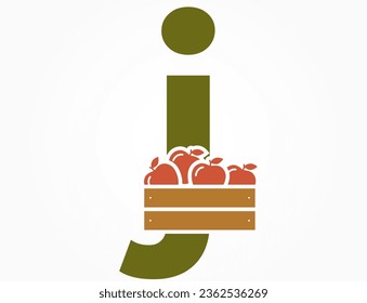letra minúscula j con caja de manzanas. símbolo del logotipo del alfabeto de frutas y alimentos orgánicos. diseño de cosecha y jardinería. imagen vectorial aislada
