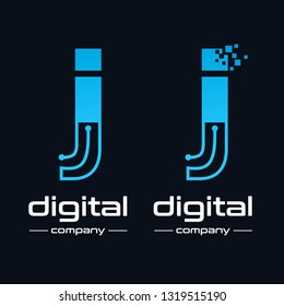 Lowercase Letter j Digital technology vector logo template with pixel symbol. This logo is suitable for industrial, automotive, circuit, modern, electric business.
