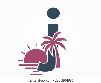 lowercase letter j with sun, sea and palm tree. vacation and resort alphabet logotype symbol. summer and exotic tourism design. isolated vector image