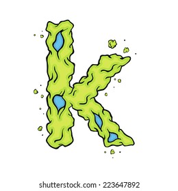 The lowercase letter K. Bright green element stylish alphabet style zombies. Halloween ABC grimy element in the vector. Hand drawn letter K isolated on white background. 