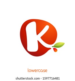 Lowercase letter k logo in fresh juice splash with green leaf. Vector elements can be used for natural company, ecology presentation, organic card or vegan cafe posters.