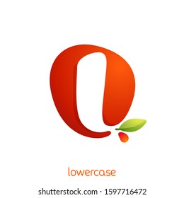 Lowercase letter l logo in fresh juice splash with green leaf. Vector elements can be used for natural company, ecology presentation, organic card or vegan cafe posters.