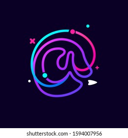 Lowercase a letter logo with planets, rocket and orbits lines. Vibrant lines vector template for science, biology, physics, chemistry design.