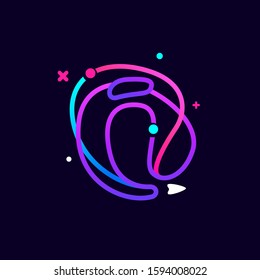 Lowercase i letter logo with planets, rocket and orbits lines. Vibrant lines vector template for science, biology, physics, chemistry design.