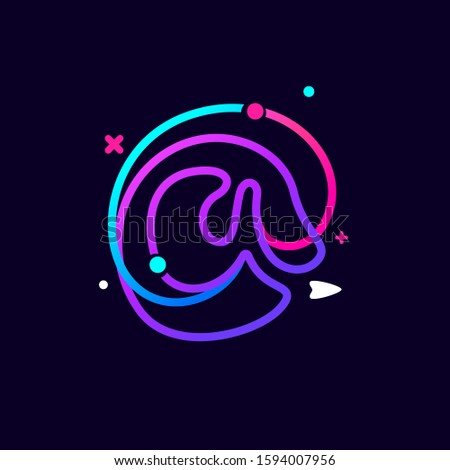 Lowercase a letter logo with planets, rocket and orbits lines. Vibrant lines vector template for science, biology, physics, chemistry design.