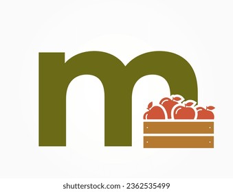 lowercase letter m with apple crate. fruit and organic food text logo. harvest and gardening design. isolated vector image