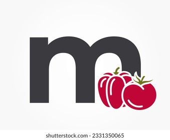 lowercase letter m with bell pepper and tomato. vegetable and organic food text logo. harvest and agriculture design. isolated vector image