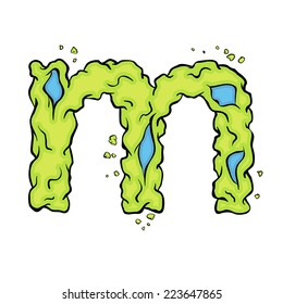The lowercase letter M. Bright green element stylish alphabet style zombies. Halloween ABC grimy element in the vector. Hand drawn letter M isolated on white background. 
