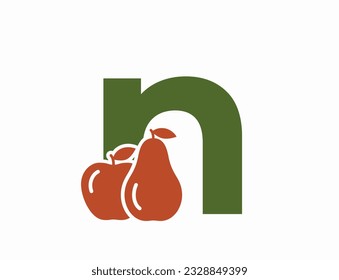 lowercase letter n with apple and pear. fruit alphabet logo. harvest and gardening design. isolated vector color image