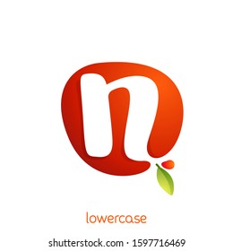 Lowercase letter n logo in fresh juice splash with green leaf. Vector elements can be used for natural company, ecology presentation, organic card or vegan cafe posters.