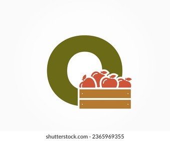 lowercase letter o with apple crate. creative fruit alphabet logo. gardening and harvest design. isolated vector image
