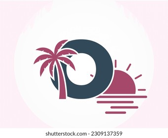 lowercase letter o with sun, sea and palm tree. creative vacation alphabet logo. summer and exotic tourism design