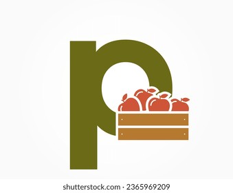 lowercase letter p with apple crate. fruit alphabet logo symbol. gardening and harvest design. isolated vector image