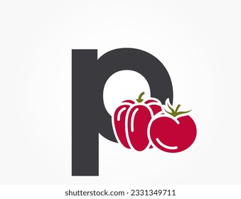 letra minúscula p con pimiento y tomate. símbolo del logotipo del alfabeto vegetal. cosecha y diseño agrícola. imagen de color vectorial aislado