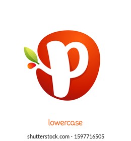 Lowercase letter p logo in fresh juice splash with green leaf. Vector elements can be used for natural company, ecology presentation, organic card or vegan cafe posters.