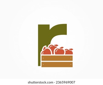 lowercase letter r with apple crate. fruit alphabet logotype symbol. gardening and harvest design. isolated vector image