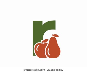 letra minúscula r con manzana y pera. símbolo de logotipo del alfabeto de frutas. diseño de cosecha y jardinería. imagen de color vectorial aislado