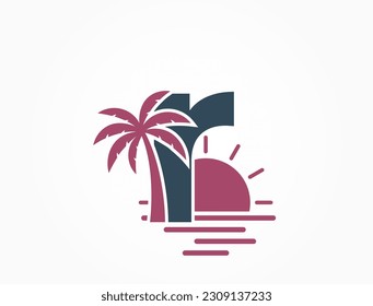 lowercase letter r with sun, sea and palm tree. vacation alphabet logotype symbol. summer and exotic tourism design