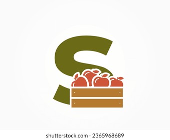 letra minúscula s con caja de manzanas. logotipo del alfabeto de frutas y alimentos orgánicos. diseño de jardinería y cosecha. imagen vectorial aislada