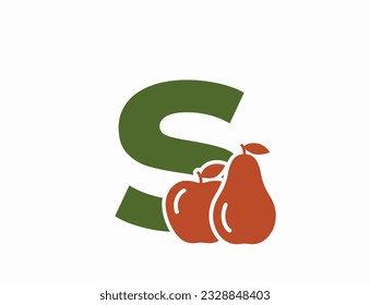 letra minúscula s con manzana y pera. logotipo del alfabeto de frutas y alimentos orgánicos. diseño de cosecha y jardinería. imagen de color vectorial aislado