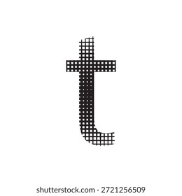Letra minúscula t ícone de logotipo com textura de padrão de grade preta, elemento tipográfico vetorial isolado para branding moderno e design gráfico geométrico.