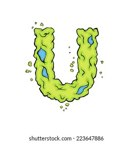 The lowercase letter U. Bright green element stylish alphabet style zombies. Halloween ABC grimy element in the vector. Hand drawn letter U isolated on white background. 