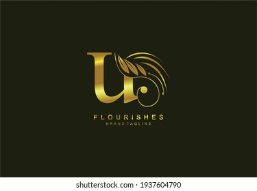 lowercase letter u linked beauty flourish golden color logo design