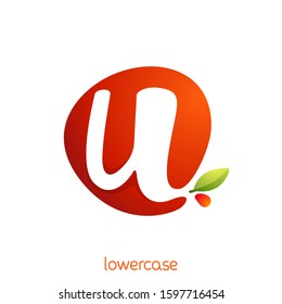 Lowercase letter u logo in fresh juice splash with green leaf. Vector elements can be used for natural company, ecology presentation, organic card or vegan cafe posters.