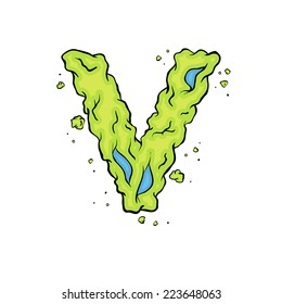 The lowercase  letter V. Bright green element stylish alphabet style zombies. Halloween ABC grimy element in the vector. Hand drawn letter V isolated on white background. 